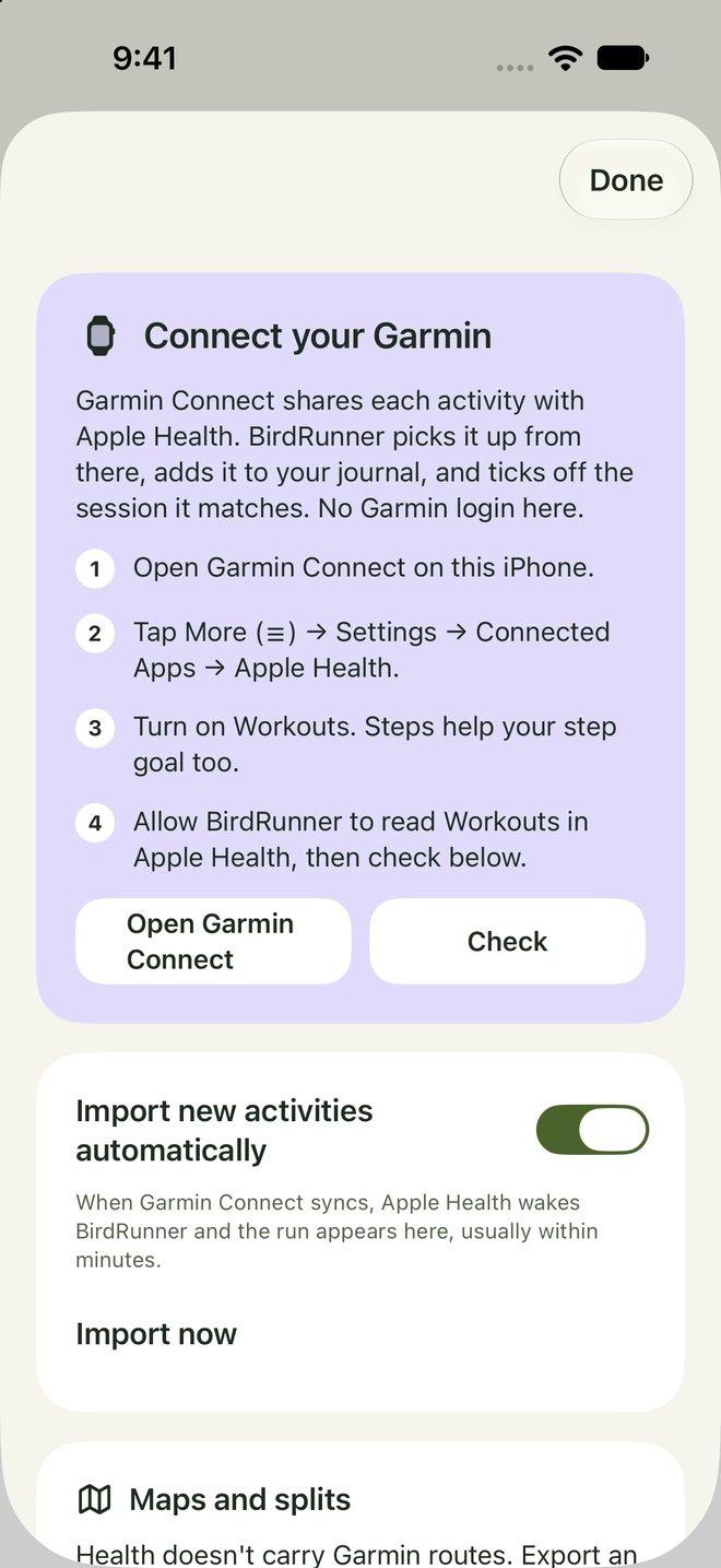 Connect your Garmin: four steps, a connection check, and automatic imports switched on
