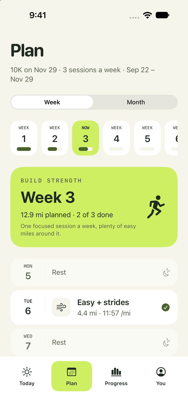 The Plan tab: week 3 of a 10K plan, build strength, with the week's sessions