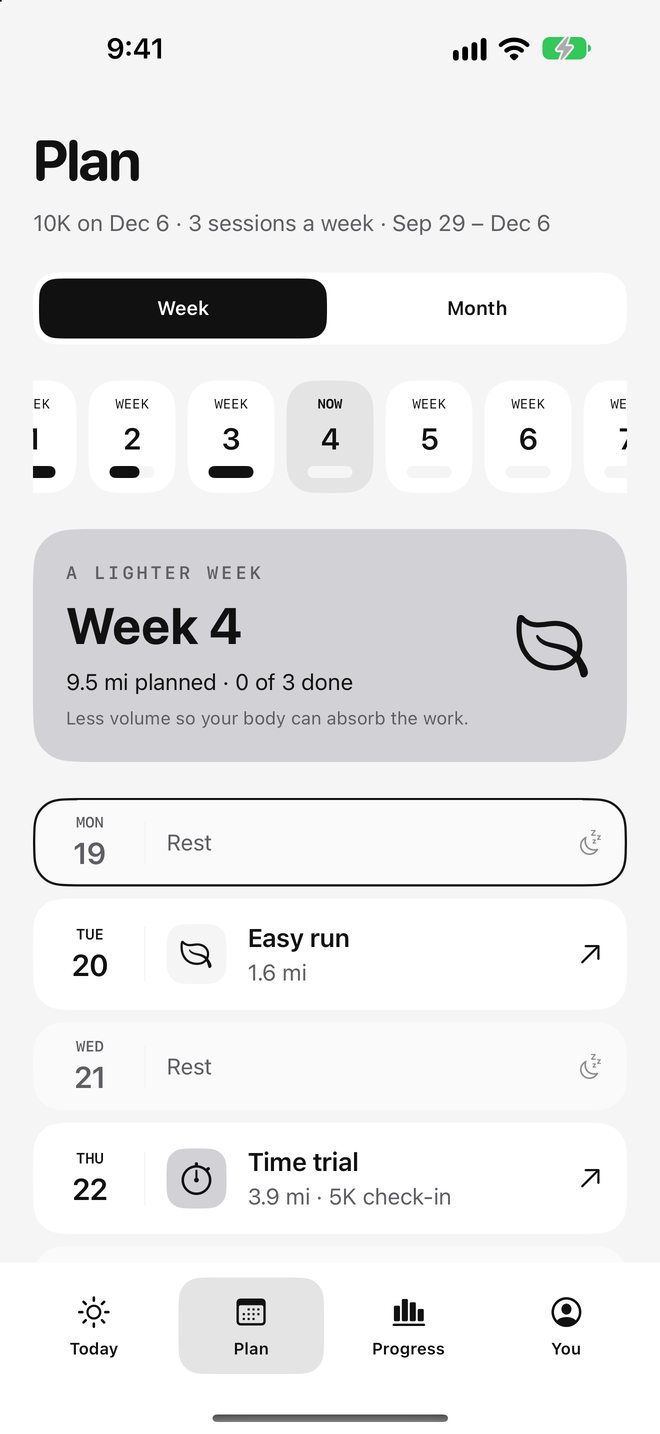 A BirdRunner training plan with sample data