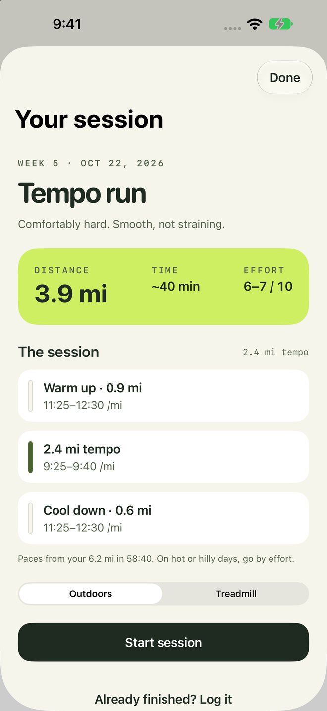 A tempo session broken into warm up, tempo, and cool down, each with a pace target