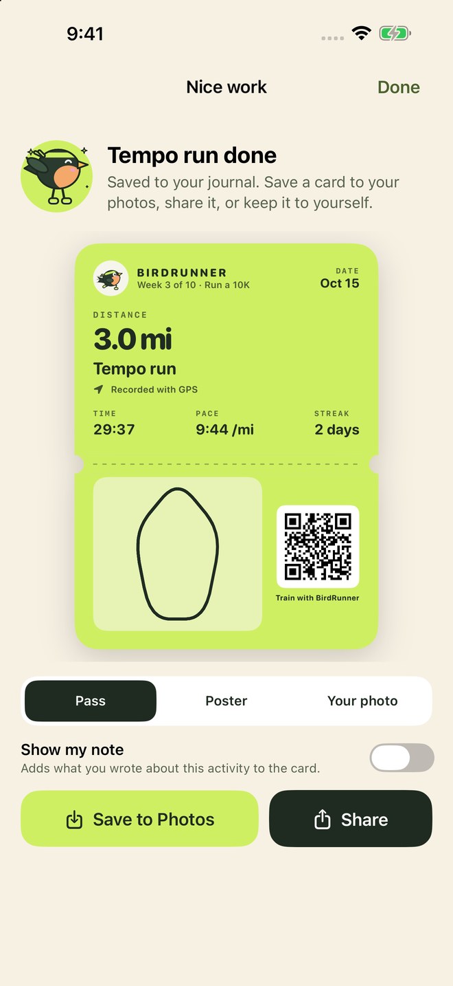 BirdRunner share card showing a 3.0 mile tempo run, time, pace, streak, route, and a QR link to thrivingbird.com/birdrunner