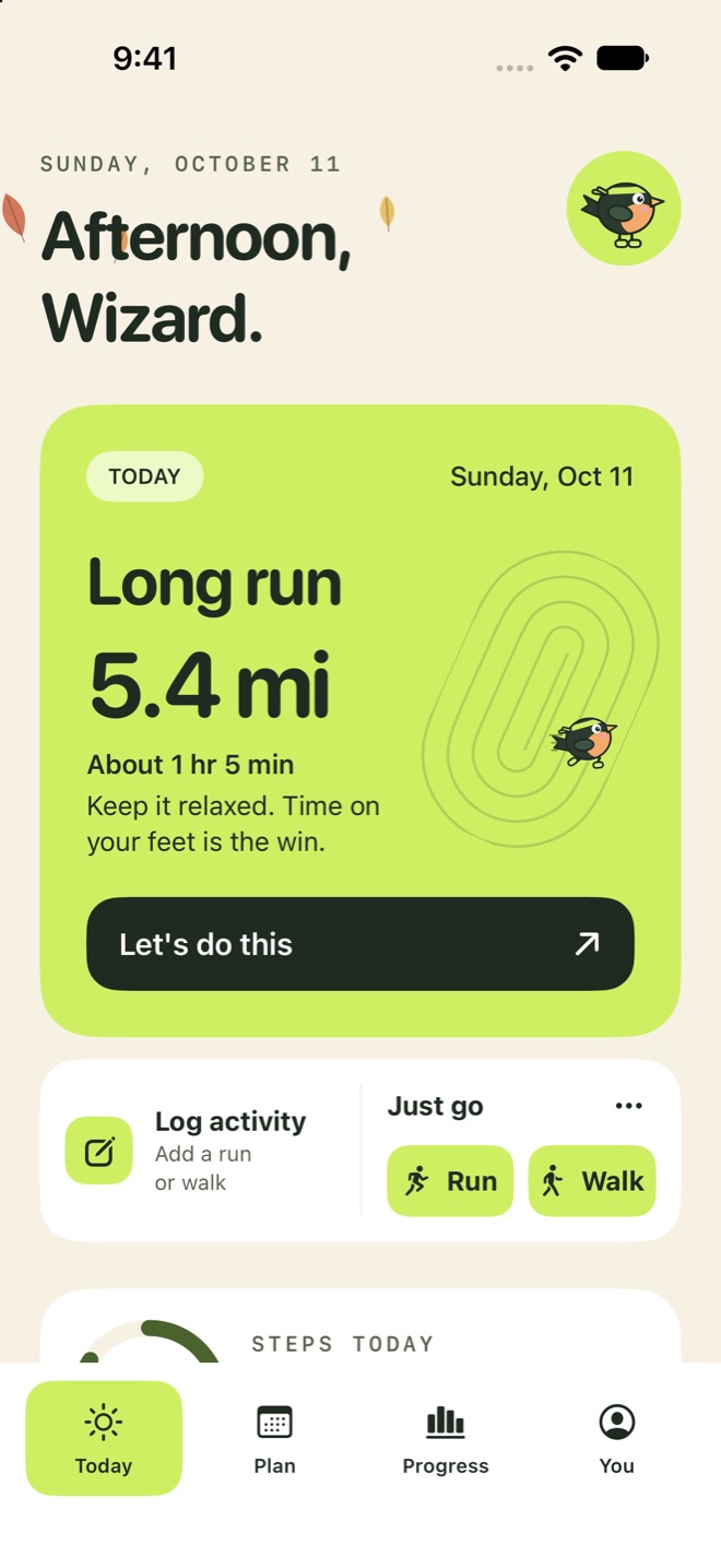 The Today screen: the next run with its distance and time, and this week's distance against the plan