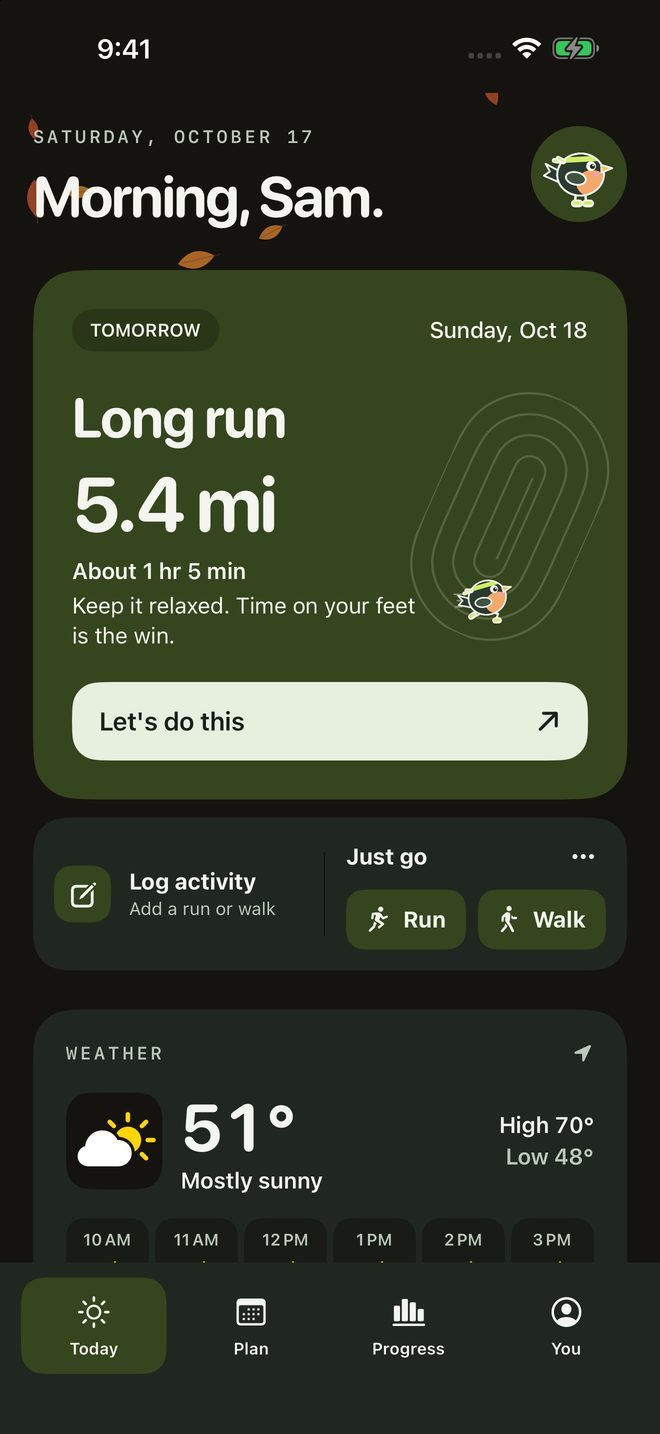 BirdRunner's Today screen with the next run and quick start buttons, using sample data