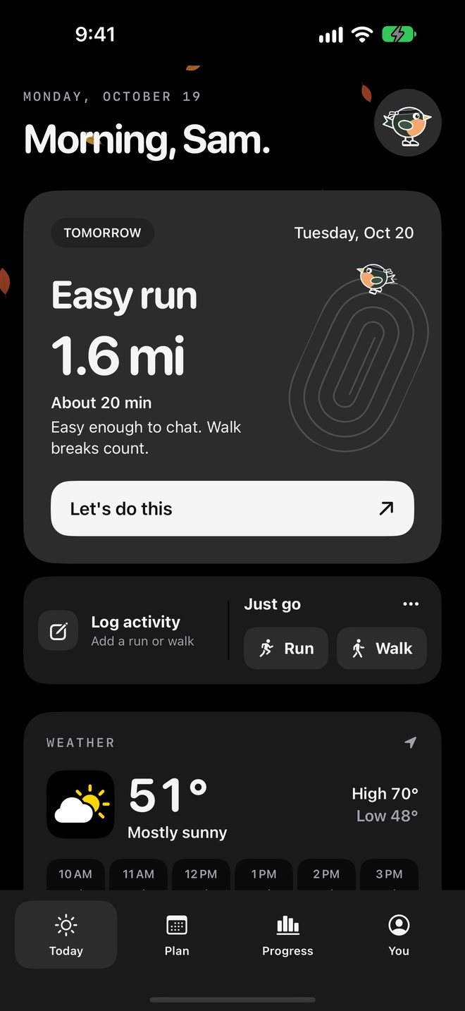 BirdRunner's Today screen in dark mode with sample data