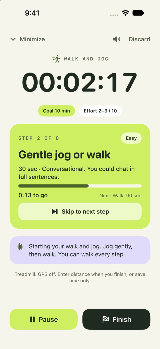 The session timer on a treadmill: step 2 of 8, a gentle jog, with GPS off