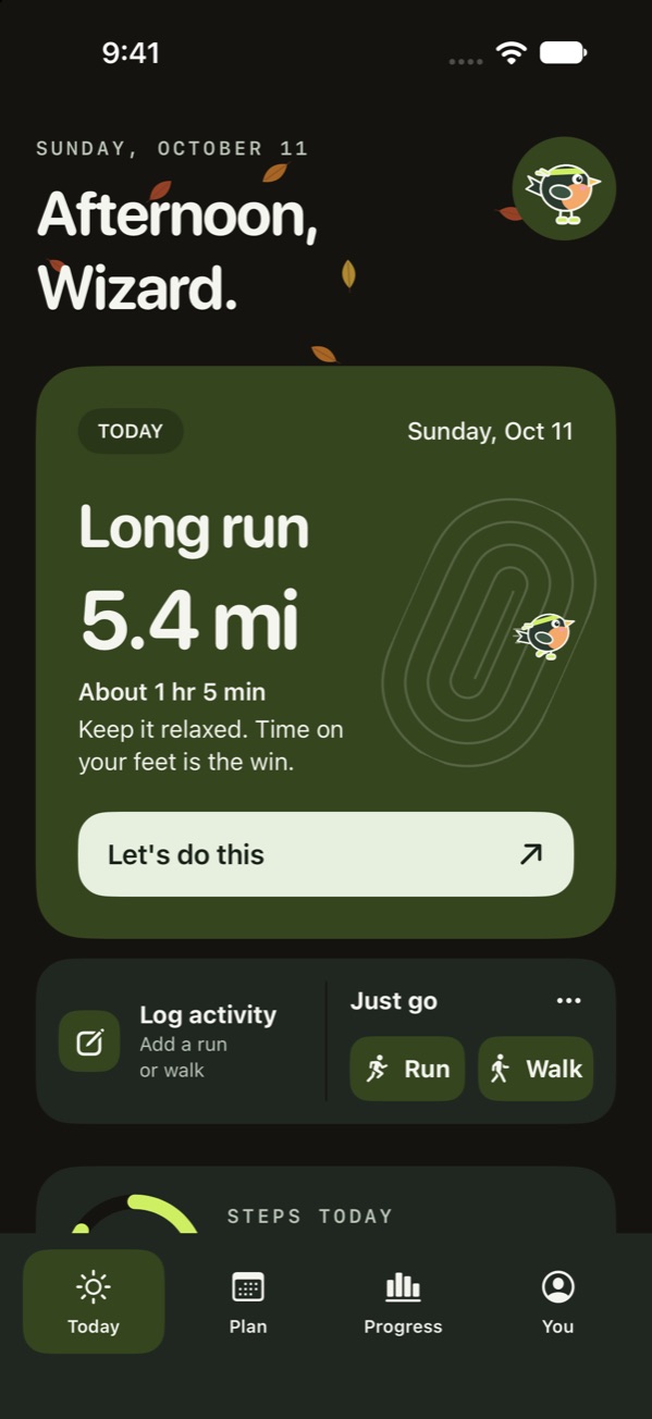The Today screen with the lime accent in dark mode