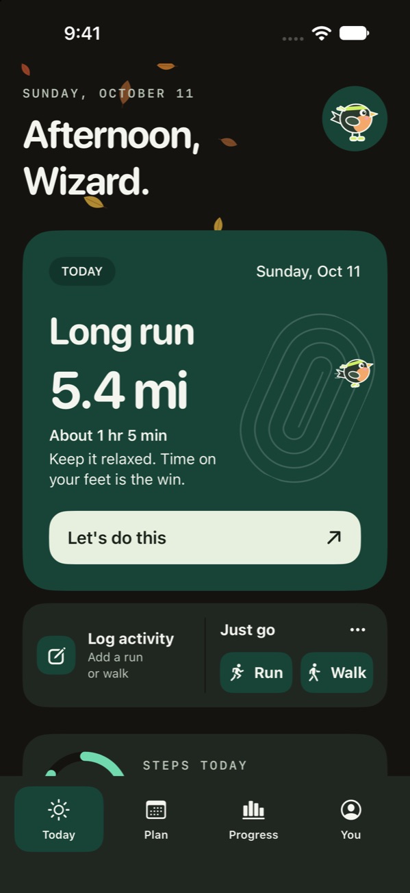 The Today screen with the mint accent in dark mode