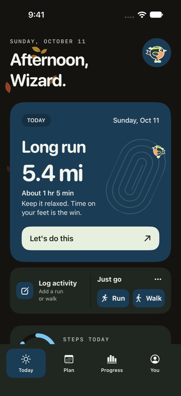 The Today screen with the sky accent in dark mode